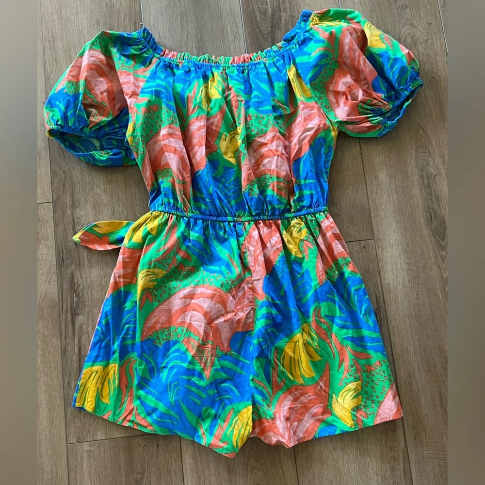 Flying Tomato Multicolor Patterned Off the Shoulder Romper with Wrap Skirt Large - Picture 3 of 7